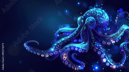 Beautiful shiny sea octopus with lights and stars on dark blue and black background AI generated