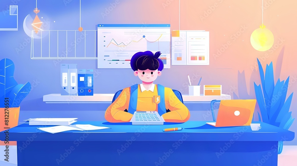 Obraz premium Illustration of Financial Manager Analyzing Data with Charts and Graphs in Modern Office