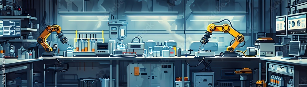 Detailed vector of a high-tech lab with robotic arms handling hazardous materials, showcasing automation in modern chemistry Detailed vector of a high-tech lab with robotic arms handling hazardous materials, showcasing automation in modern chemistry