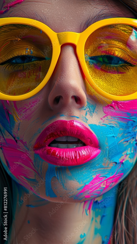 A woman with painted face wearing yellow sunglasses and a bright pink dress, AI A woman with painted face wearing yellow sunglasses and a bright pink dress, AI