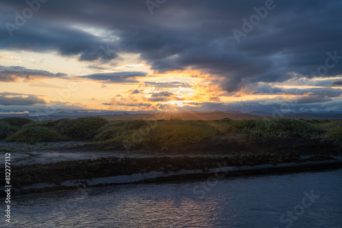 Sunset over moss fields in Iceland. Scenery, travel banner