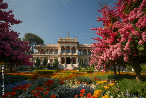 A majestic palace standing tall amidst a sea of colorful flowers in full bloom under a cloudless sky, HD , Hyper Resolution 