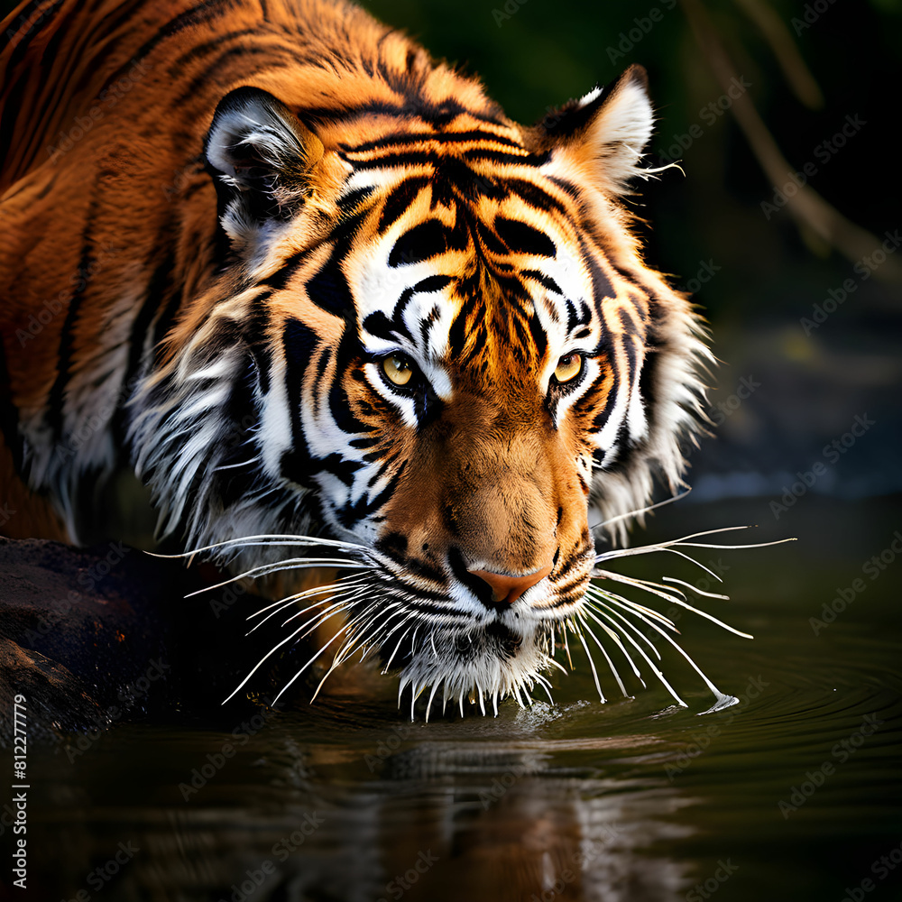 Naklejka premium tiger drinking river water강물을 먹고있는 호랑이Generative AI