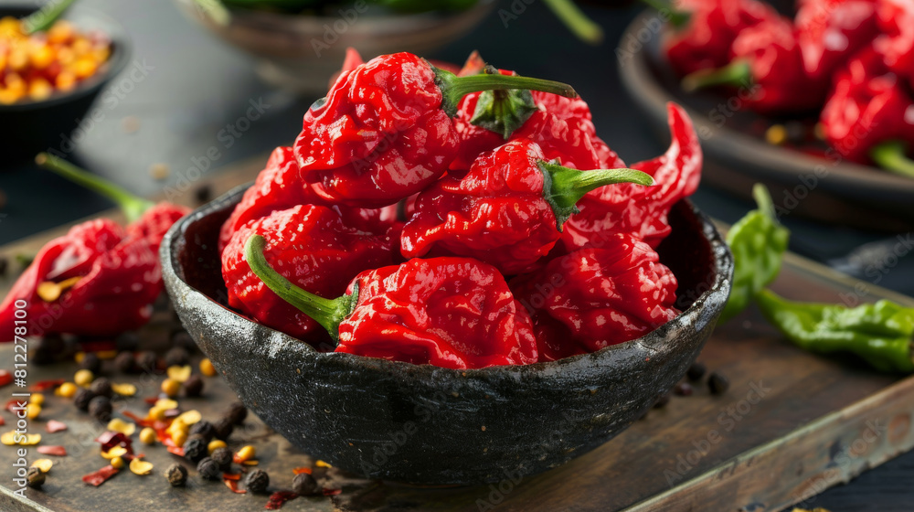 Fresh Carolina Reaper Peppers on Textured Surface Fresh Carolina Reaper Peppers on Textured Surface