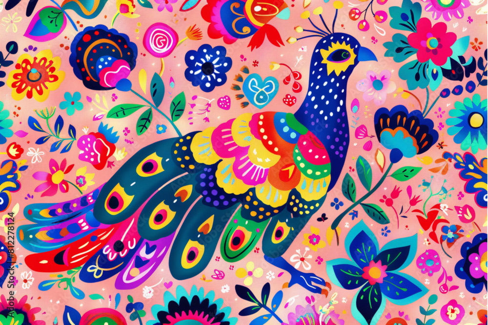 
A vibrant Indian folk art pattern with peacocks, roses and hearts on a pink background. The design is colorful and textured, showcasing traditional