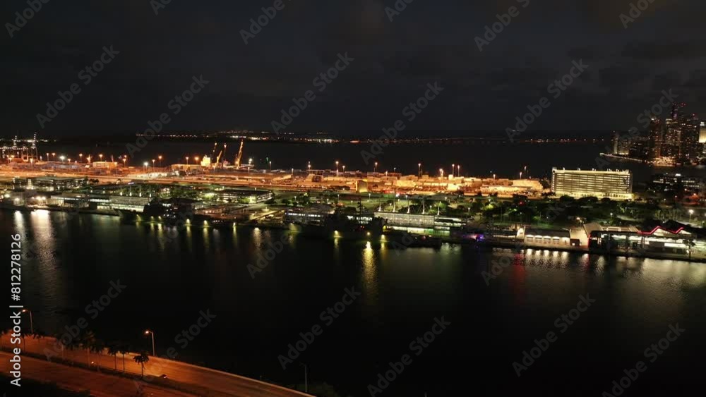 Aerial stock video Fleet Week Miami circa 2024 with view of port and downtown city in background Aerial stock video Fleet Week Miami circa 2024 with view of port and downtown city in background