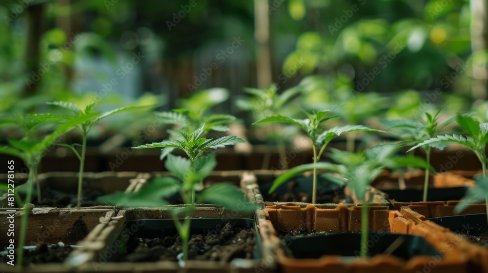 Young Cannabis Plants in Garden Pots Outdoors Young Cannabis Plants in Garden Pots Outdoors
