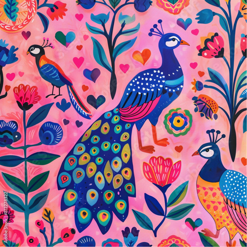  A vibrant Indian folk art pattern with peacocks, roses and hearts on a pink background. The design is colorful and textured, showcasing traditional © sania