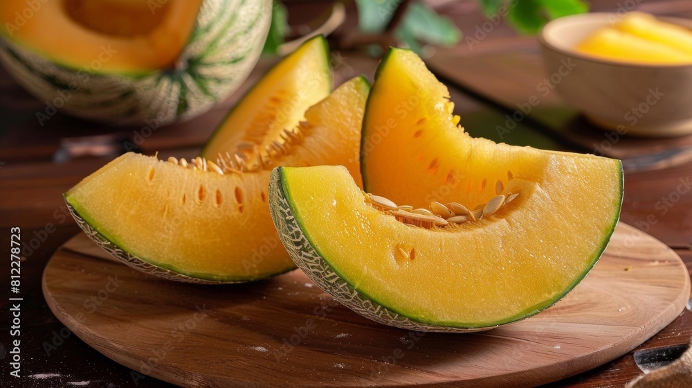 A melon slices are cut on a wooden cutting board, AI A melon slices are cut on a wooden cutting board, AI