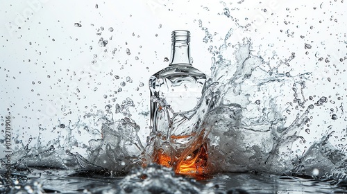 High-speed photography capturing a vodka bottle shattering, with shards and liquid suspended in air, dramatic against white photo