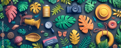 Summerthemed scavenger hunt flat design top view adventure game theme 3D render Tetradic color scheme