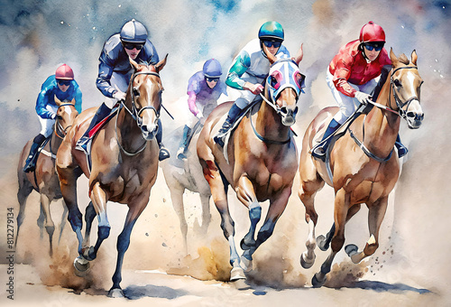 Galloping race horses in racing competition. Watercolor. Jockeys on racing horses. Sport. Champion. Hippodrome. Equestrian. Derby. Speed photo