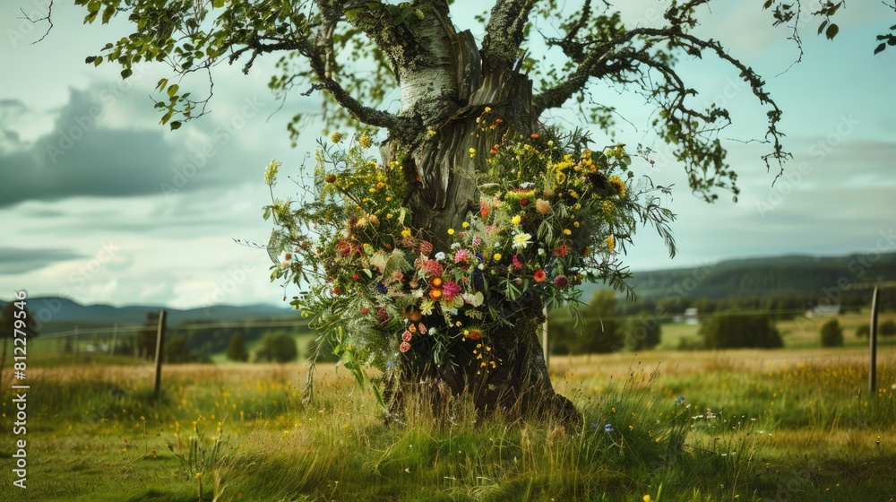 Adorned with a floral wreath the midsummer tree stands proudly in Sweden Adorned with a floral wreath the midsummer tree stands proudly in Sweden
