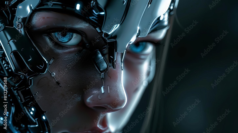 Depict a futuristic cyborg face with halfskin, halfmetal, intense eyes shining, on a black background with banner space Depict a futuristic cyborg face with halfskin, halfmetal, intense eyes shining, on a black background with banner space