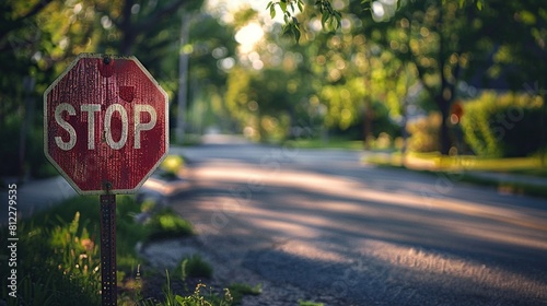 Emphasis on Child Safety: Stop Sign on School Zone Road, Signboard, Blurred Background, Copy Space Included