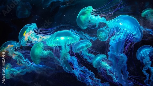 Depict a cluster of bioluminescent jellyfish, their blue and green lights shimmering in the deep black sea © Nawarit