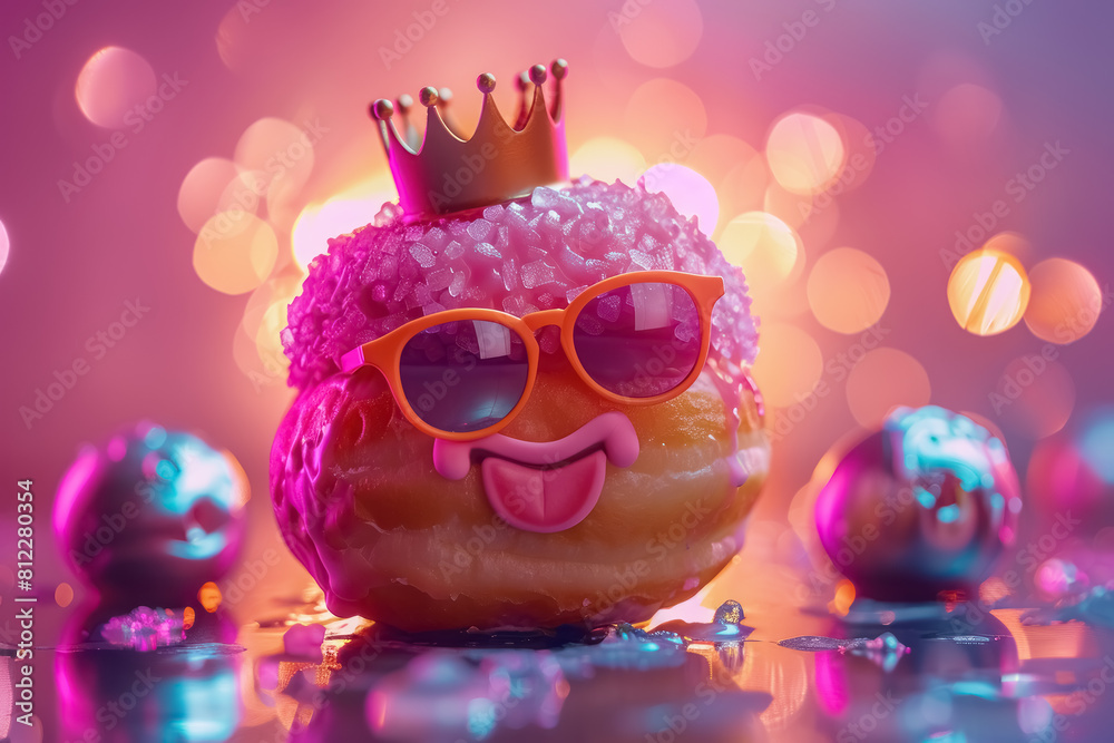 Whimsical Donut with Sunglasses and Crown on a Sparkling Pink Background