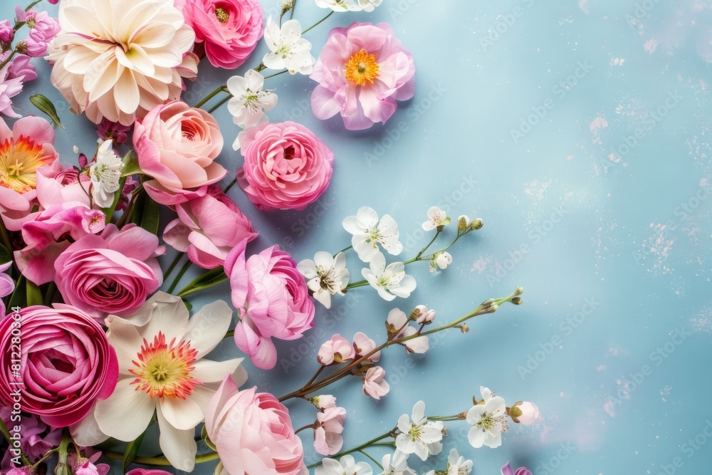 beautiful spring flowers on a painted blue background beautiful spring flowers on a painted blue background