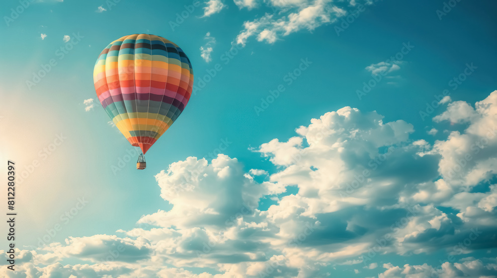 Colorful Hot Air Balloon Flight Against Vivid Sky with Clouds, With Copy Space for Text Colorful Hot Air Balloon Flight Against Vivid Sky with Clouds, With Copy Space for Text