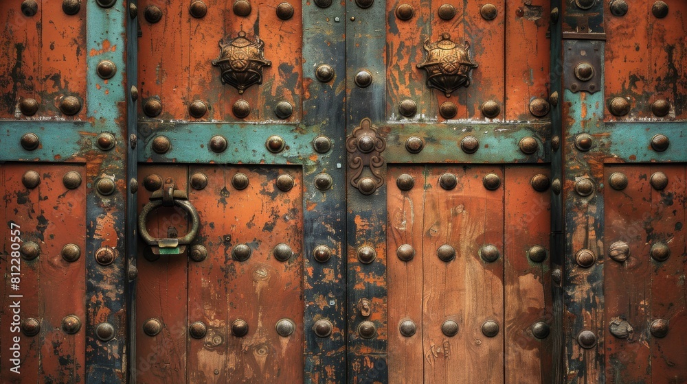 A close up of a rusty door with metal rivets and handles, AI A close up of a rusty door with metal rivets and handles, AI