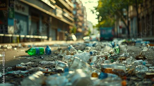 Beautifully composed photograph of trash on the streets, with plastic bottles and garbage