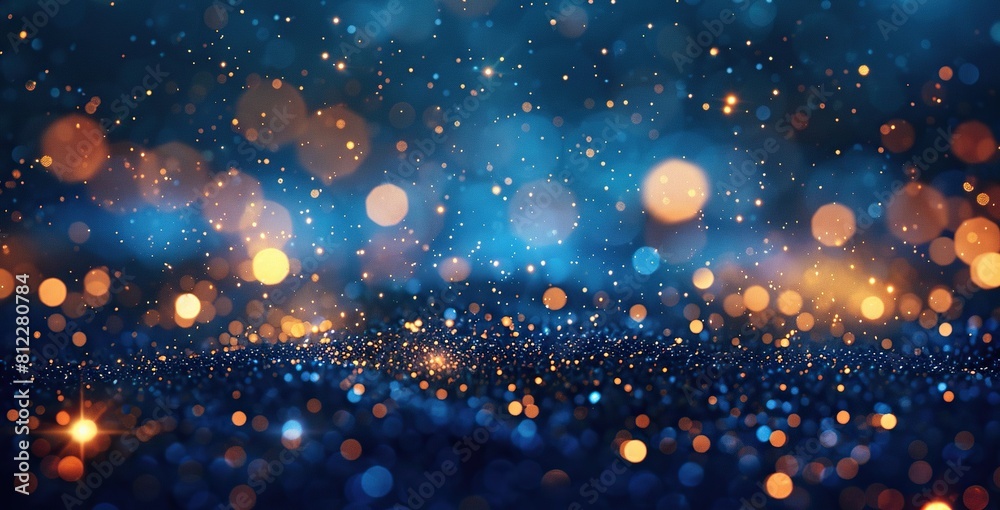 Dark Blue and Gold Particle Abstract Background, Christmas Golden Light Shine Particles Bokeh on Navy Blue Background, Gold Foil Texture Included