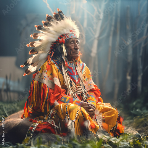 A hyperrealistic portrait of the Indian chief Sitting Bull in a headdress of eagle feathers sitting by a forest stream. photo