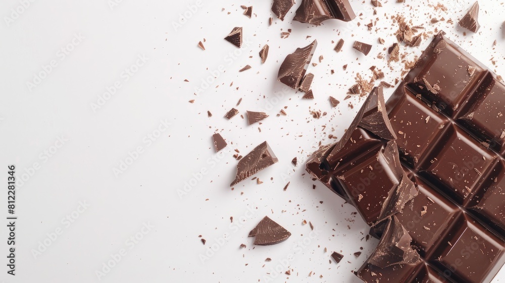 Fototapeta premium Dark chocolate bar broken into pieces on white surface