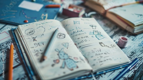 Open notebook with handwritten notes and doodles on desk surrounded by stationery items