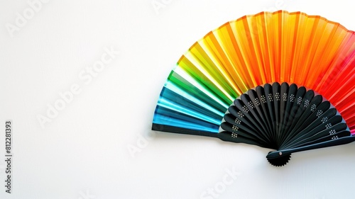 Colorful fan displayed in rainbow spectrum arrangement against white background