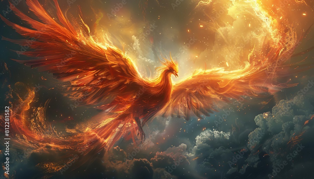Depict a mythical creature from folklore, such as a dragon or a phoenix, soaring majestically through the skies, surrounded by mystic energy Depict a mythical creature from folklore, such as a dragon or a phoenix, soaring majestically through the skies, surrounded by mystic energy