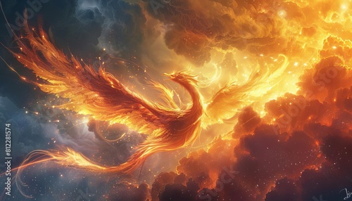 Depict a mythical creature from folklore, such as a dragon or a phoenix, soaring majestically through the skies, surrounded by mystic energy photo