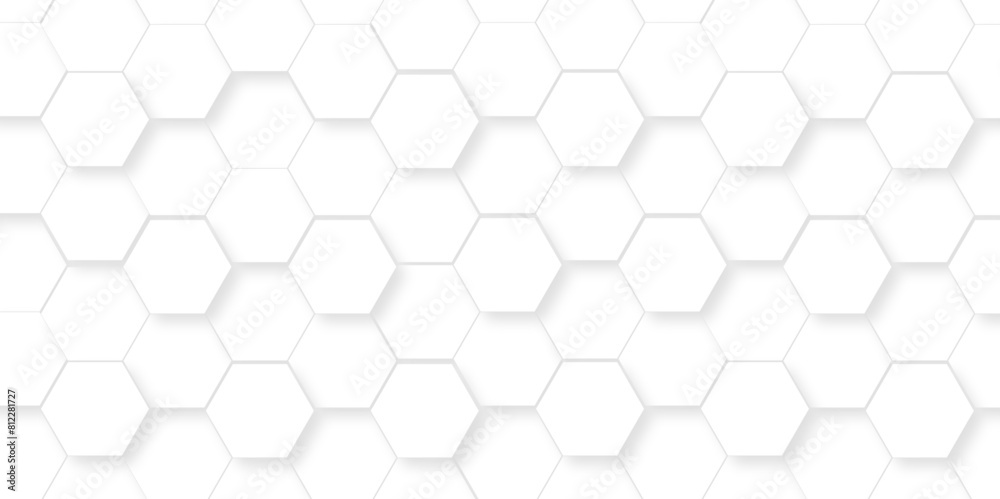 Abstract pattern with hexagonal white and gray technology line paper background. Hexagonal 3d grid tile and mosaic structure mess cell. white and gray hexagon honeycomb geometric copy space.