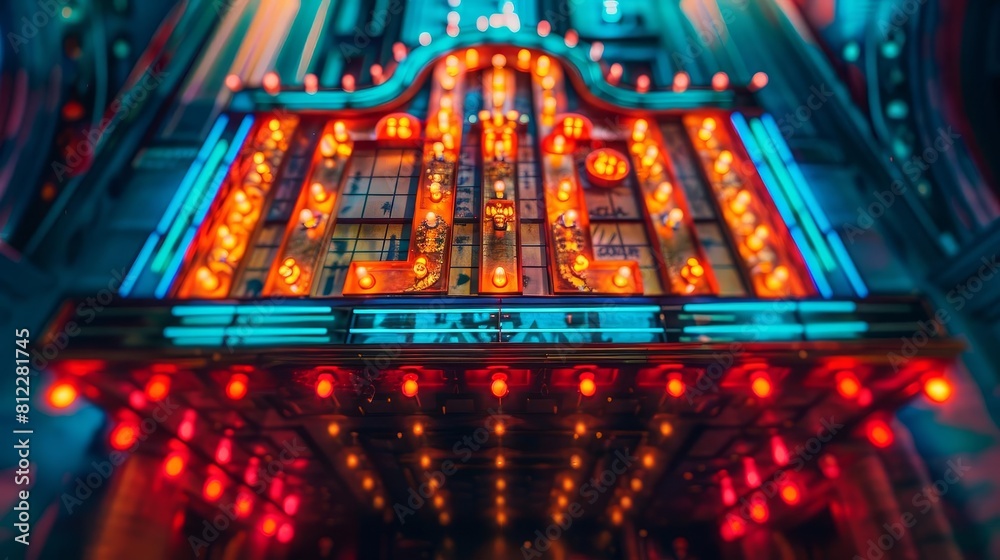 Depict a vintage cinema marquee announcing the premiere of a highly anticipated film, drawing crowds of excited moviegoers