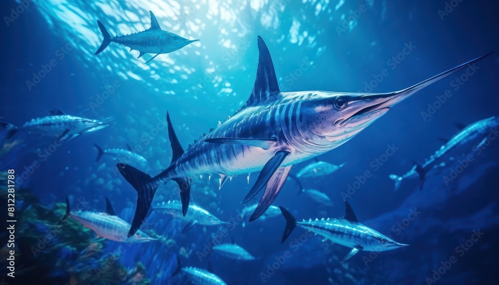 Obraz premium Giant Marlin fish in the ocean, beautiful view of marlin fish in the blue ocean