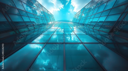 The glass windows in contemporary office towers mirror the blue sky and drifting clouds, embodying the transparency integral to business ethics