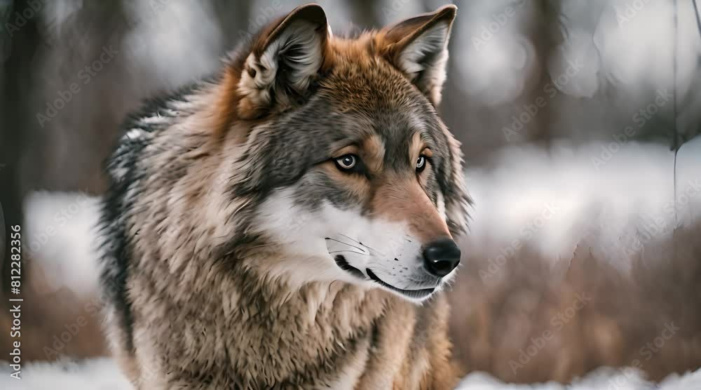 majestic wolf in a snowy landscape, showcasing its thick fur and piercing eyes against a blurred winter forest backdrop majestic wolf in a snowy landscape, showcasing its thick fur and piercing eyes against a blurred winter forest backdrop