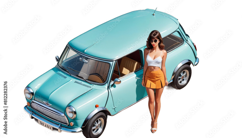 style tropical beautiful next mini car 1960s posing woman illustration sexy poster skirt vintage retro girl happy summer vibe beach sea smile laugh automobile elegance steering wheel joy vacation