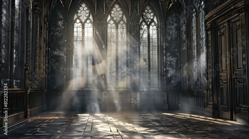 Gothic Illumination  A Darkened Renaissance Hall  Awash in Ethereal Light and Veiled by Wisps of Smoke