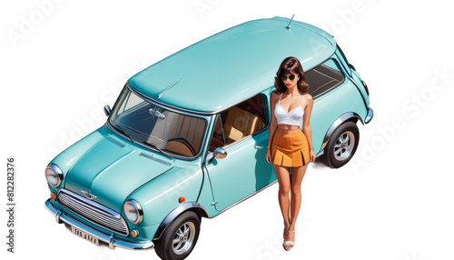 Obraz na płótnie style tropical beautiful next mini car 1960s posing woman illustration sexy poster skirt vintage retro girl happy summer vibe beach sea smile laugh automobile elegance steering wheel joy vacation w salonie