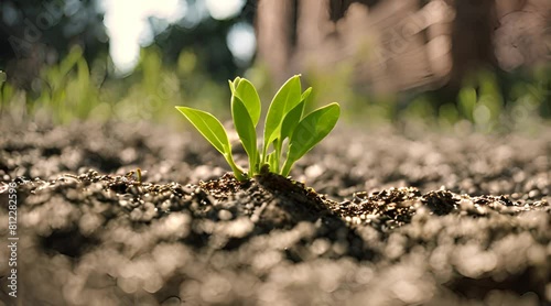 Young green plant sprouting from the rich, moist soil, illuminated by sunlight, symbolizing growth and new beginnings in a natural setting photo