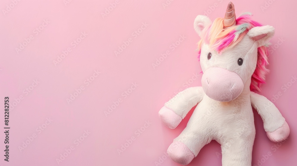 Obraz premium Plush unicorn toy with pink mane on background