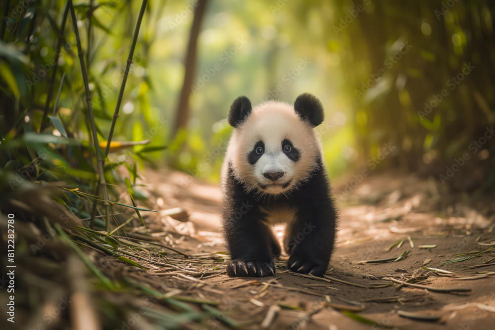 Fototapeta premium Adorable Panda Cub in a Bamboo Grove