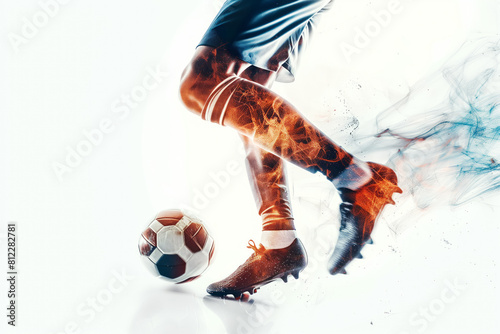 A soccer player dribbles and kicks a ball on a field