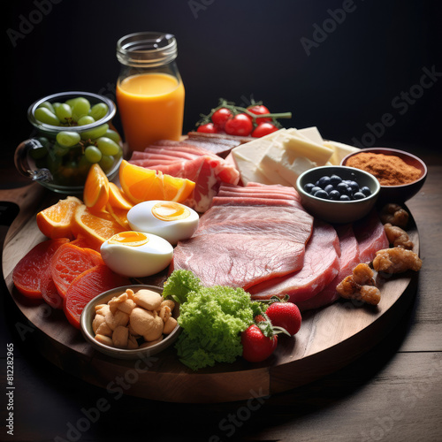 Protein-Rich Morning Delight: Vivid Close-up Framing of Backlit Ingredients, Sharp Focus on Nutritionally Balanced Plate, Utensils, and Textured Foods, Revealing the Essence of High-Protein Breakfast