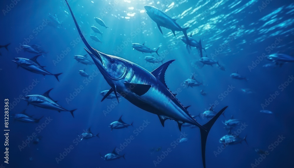 Obraz premium Giant Marlin fish in the ocean, beautiful view of marlin fish in the blue ocean