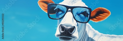 An art piece featuring a chic cow wearing sunglasses set against a dreamy blue background