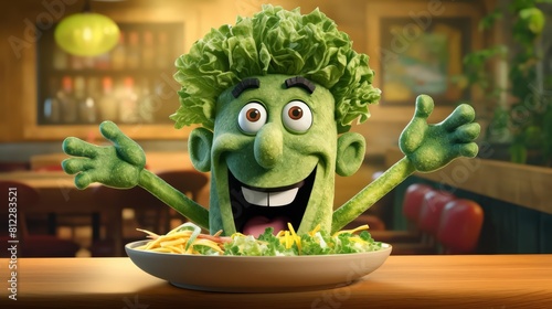 Delicious of Caesar Salad reimagined with a cartoon character of romaine lettuce, presenting a playful and engaging menu design for a familyfriendly restaurant photo