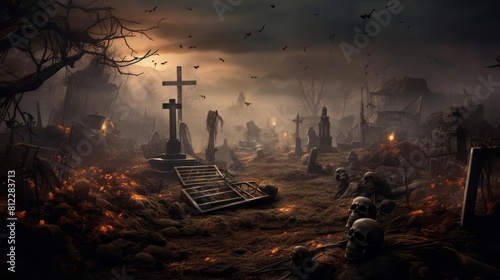 Haunting Halloween scene featuring skeletal remains and tattered tombstones in a misty graveyard photo