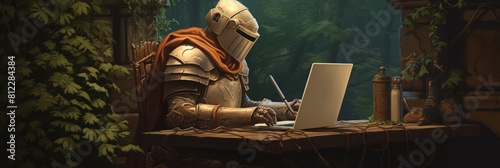 Visualize a medieval knight coding on an ancient stone laptop in a vibrant forest, depicted in a whimsical fantasy art style, with a banner that merges the past and future
